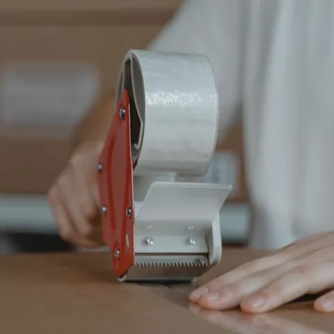 Dévidoir à poignée chargé d'un rouleau de ruban adhésif transparent, en train de fermer un carton